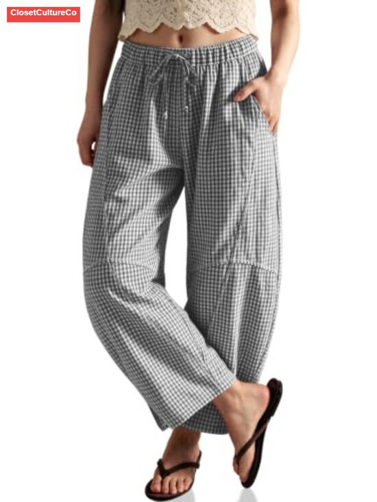 Pants - Womens Linen Gingham Barrel Pants Drawstring Casual Trousers